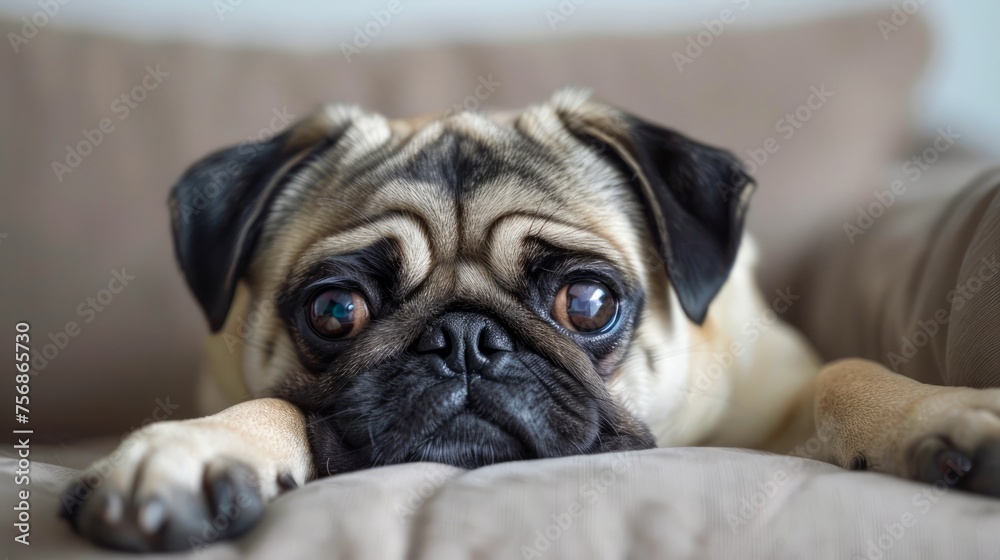 Adorable Pug Dog Resting on Couch with Soulful Eyes and Cute Expression, Perfect for Pet Lovers