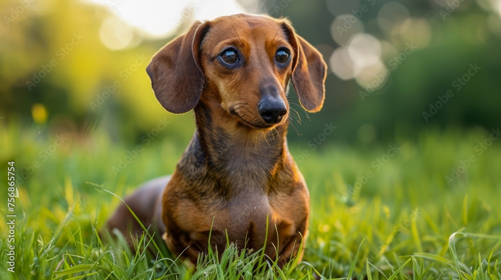 Adorable Dachshund Dog Sitting on Green Grass during Sunset with Soft Focus Background