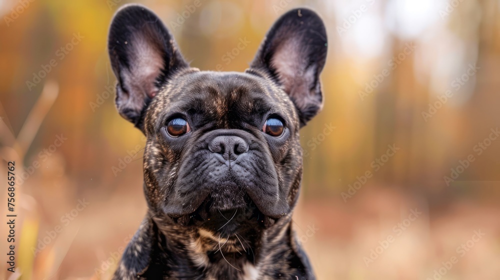 Alert French Bulldog with Perky Ears Standing in Autumn Landscape Surrounded by Golden Foliage Alert French Bulldog with Perky Ears Standing in Autumn Landscape Surrounded by Golden Foliage