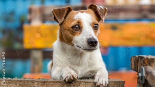 Jack Russell Terrier Dog Laying on Wooden Surface with Blurry Background Looking Curious and Attentive