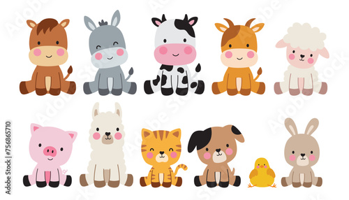 Cute farm animals in a sitting position vector illustration. Set of cute barn animals including a horse, cow, donkey, goat, sheep, pig, llama, cat, dog, chick, and rabbit. © JungleOutThere