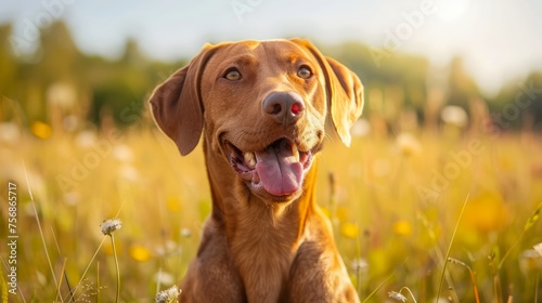 Cheerful Brown Dog Enjoying Sunny Day in Flower Meadow, Happy Pet in Nature, Dog Portrait with Copy Space