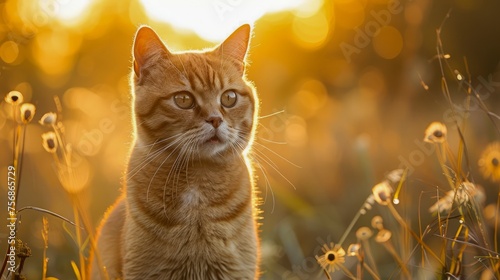 Majestic Ginger Cat in Golden Sunset Light Amidst Nature with Blurred Background