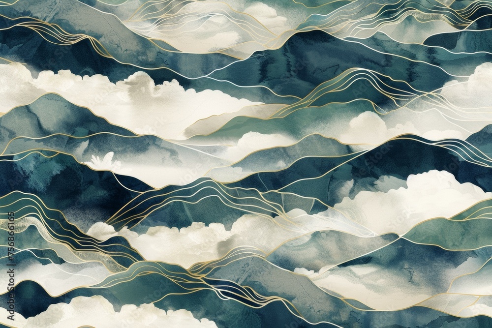 A painting of mountains with clouds and gold accents