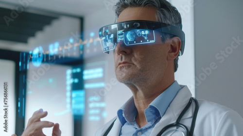 A doctor is wearing augmented reality glasses while performing a patient consultation with a detailed digital overlay of the patients medical history and vital signs.