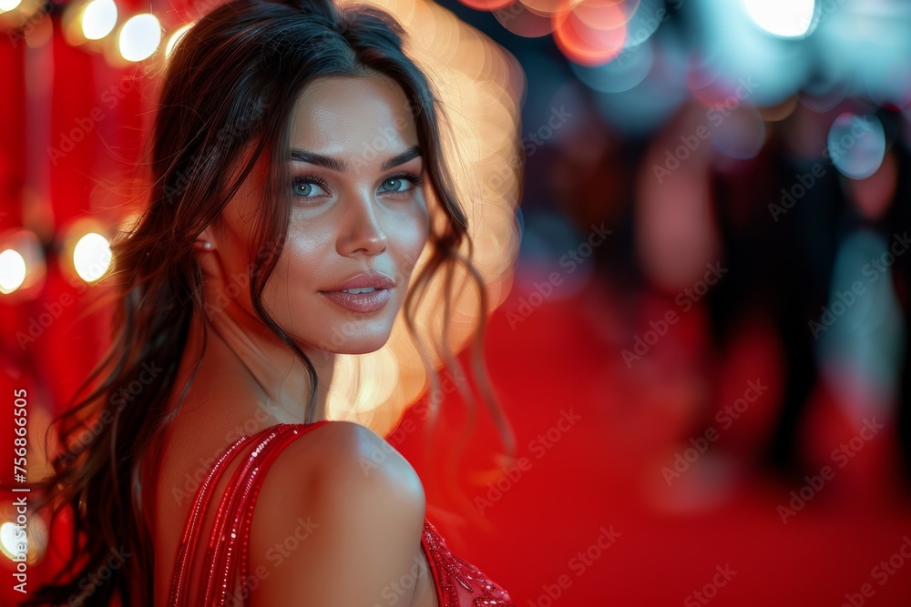 A woman in a red dress is standing in front of a red background