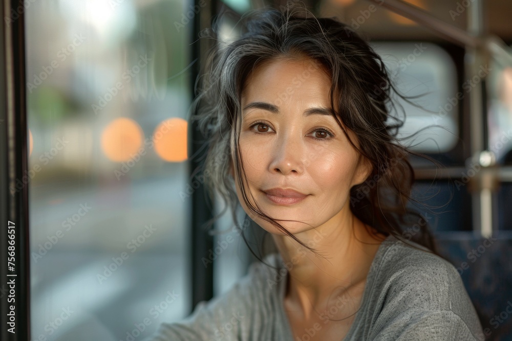 A woman travels on public transport from work. Background with selective focus and copy space A woman travels on public transport from work. Background with selective focus and copy space