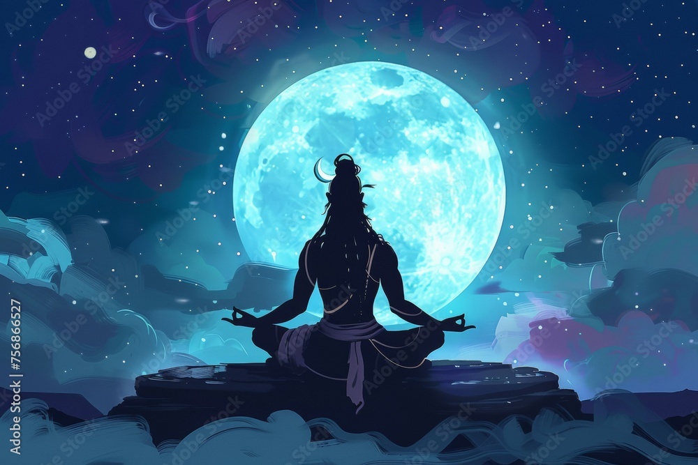 A man meditating under a full moon