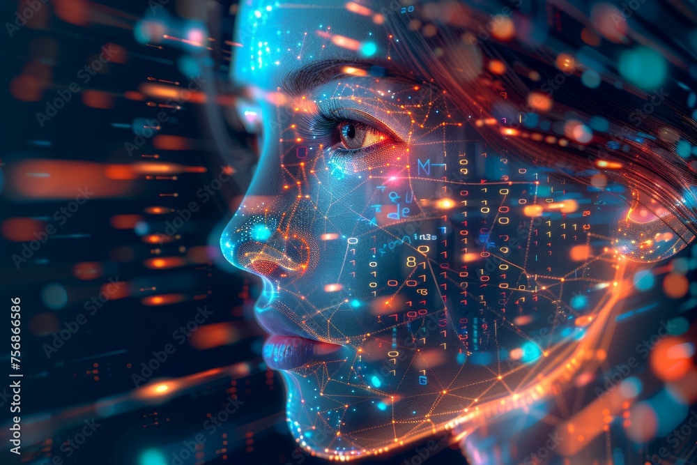 A woman's face is shown in a computer generated image with a lot of numbers A woman's face is shown in a computer generated image with a lot of numbers