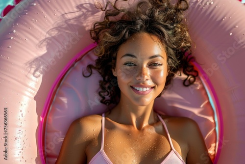 A woman is laying on a pink inflatable pool float with her hair in a ponytail