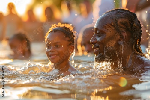 A man and a child are playing in the water