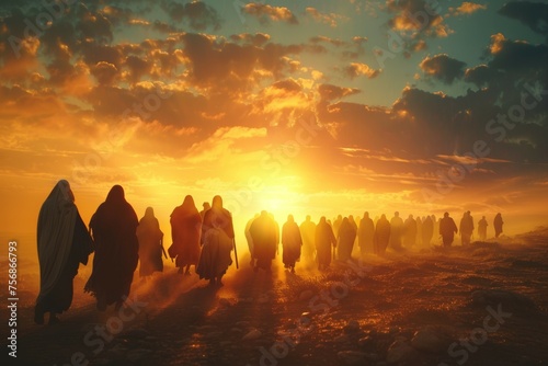 A group of people are walking in a desert at sunset