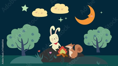 rabbit and squirrel in the forest under the moon light 