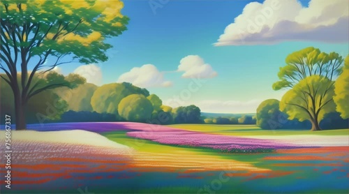 Mountain meadows: A serene landscape with lush green trees, field of colorful flowers and a colorful sunset painting the sky in shades of blue, yellow, and orange, showcasing the beauty of nature