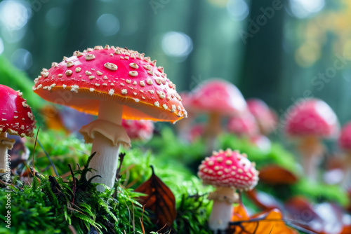 Fly agaric in the forest. Backdrop with selective focus and copy space