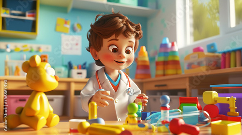 A cartoon-style 3D animator character surrounded by a kid playing to be a doctor of hospital scenes