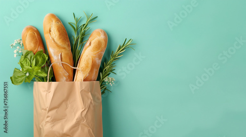 A brown paper craft bag overflowing with baguettes is placed on a bright blue wall, creating a simple and rustic scene. Grocery store concept, food delivery. Copy space, banner. photo