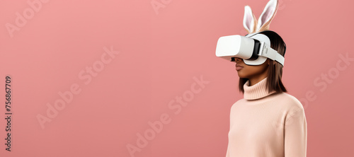 A woman with playful bunny ears explores virtual reality, seamlessly blending tradition with cutting-edge technology. Copy space, banner.