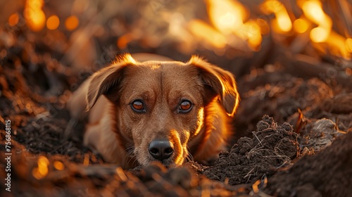 A dog digging without noticing a small fire behind him. Sad looking puppy with an emerging danger in a scene of innocence and urgency. © Vagner Castro