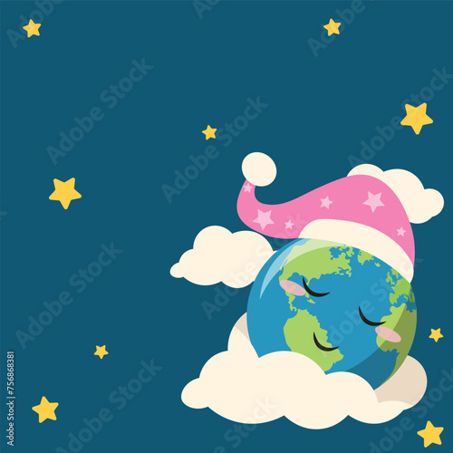 Illustration of cute earth hour turn off the lights for template background or copy space