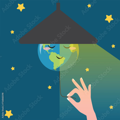 Illustration of cute earth hour turn off the lights for template background or copy space