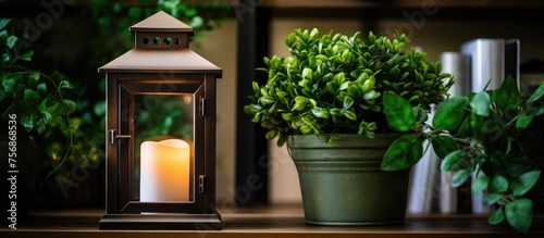 A candlelit lantern sits on a wooden shelf beside a houseplant in a flowerpot. The soft glow illuminates the area around the terrestrial plant