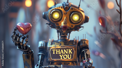Robot holding a heart, displaying "Thank You" on its chest, amidst a soft-focus background