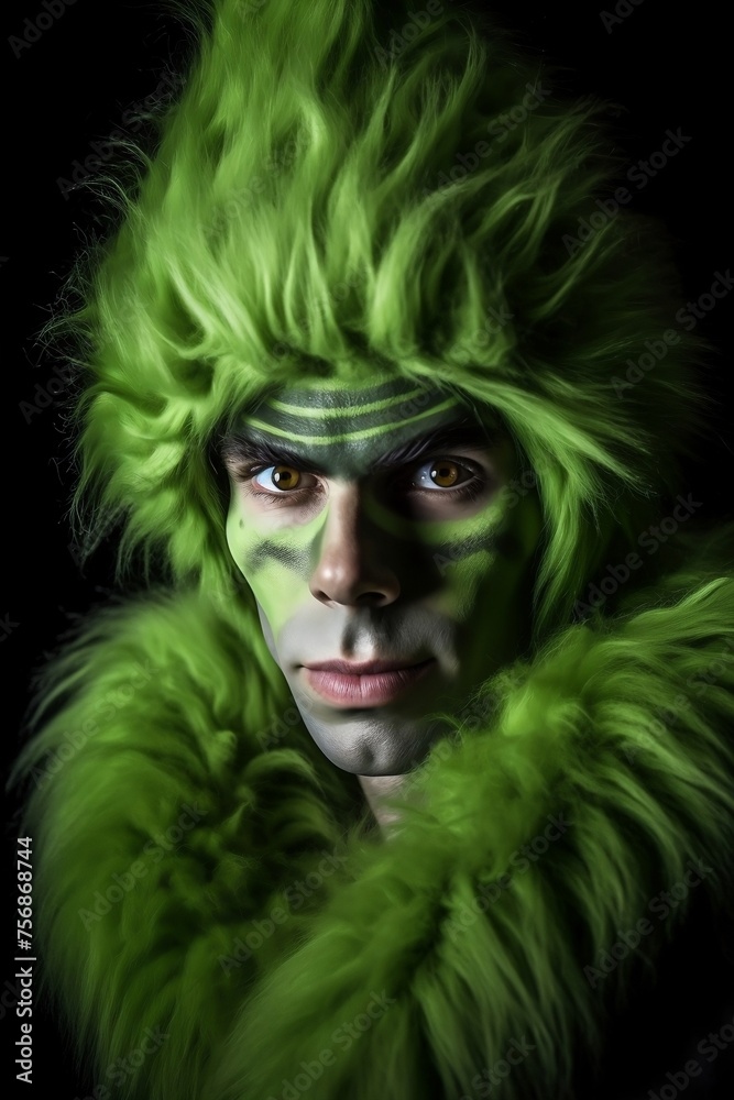 Man in green furry costume with green and white makeup
