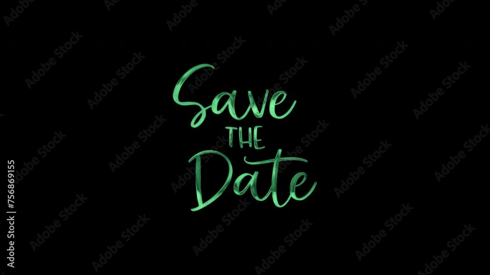 Animated close up of save the date text on black background, perfect for wedding invitations or event announcements, elegant and stylish.