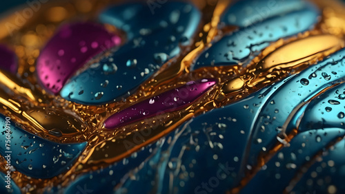 The image depicts a detailed macro shot of a golden and purple fluid artwork, with a focus on the contrast and elegance of the colors photo