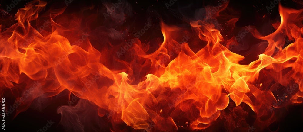 A closeup photo captures the amber flames of a bonfire with smoke billowing into the black sky. The intense heat and hypnotic dance of the flames create a mesmerizing event A closeup photo captures the amber flames of a bonfire with smoke billowing into the black sky. The intense heat and hypnotic dance of the flames create a mesmerizing event