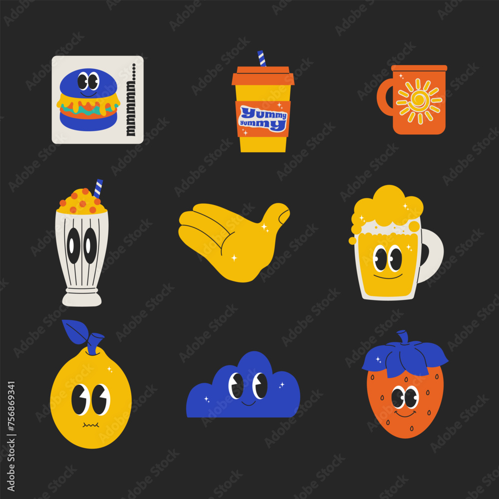 Summer character chat retro groovy mood. Bundle shape with quote slogan. Vector set icon in trendy color 90s. Hippie stickers and label
