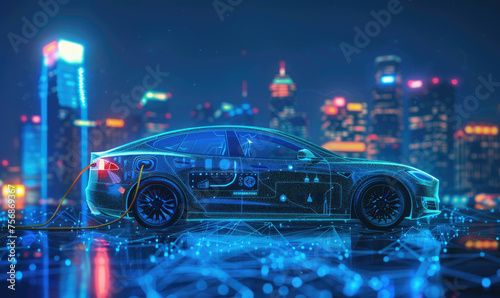 A futuristic car with a city skyline in the background by AI generated image