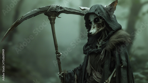 Generative AI, A haunting reaper with a bony fox face holding a large scythe photo