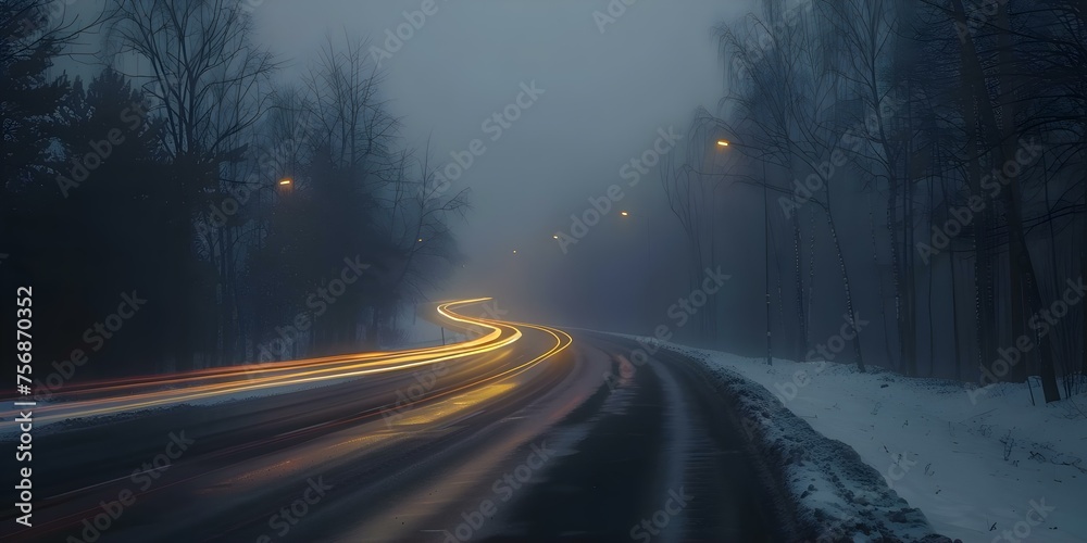Obraz premium Capturing the ethereal glow of car lights on a foggy winding road at sunset. Concept Automotive Photography, Light Trails, Sunset Scenes, Foggy Landscapes, Visual storytelling