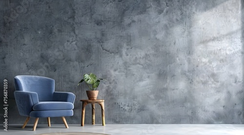 Interior with grey wall blue armchair and wood side table