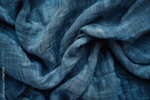 blue crumpled fabric as background, close-up, top view