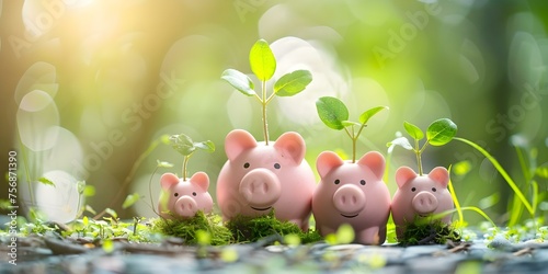 Eco-Friendly Piggy Bank Family: Growing Plants from Slots. Concept Eco-Friendly, Piggy Bank, Family, Growing Plants, Slots