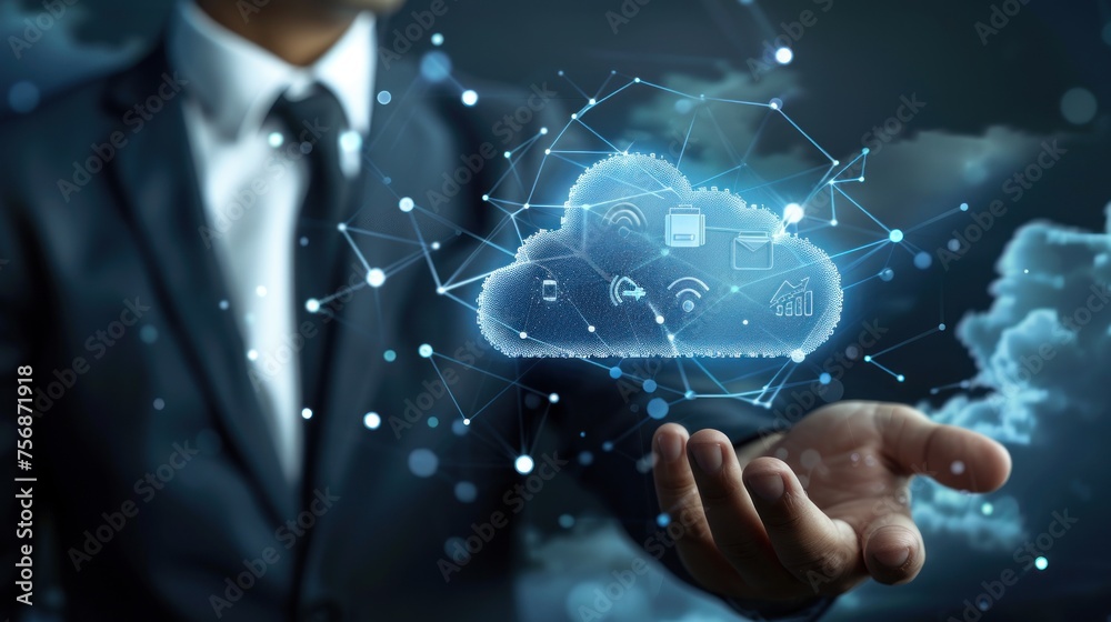 Businessman touch cloud computing icon network. Generative AI. Businessman touch cloud computing icon network. Generative AI.