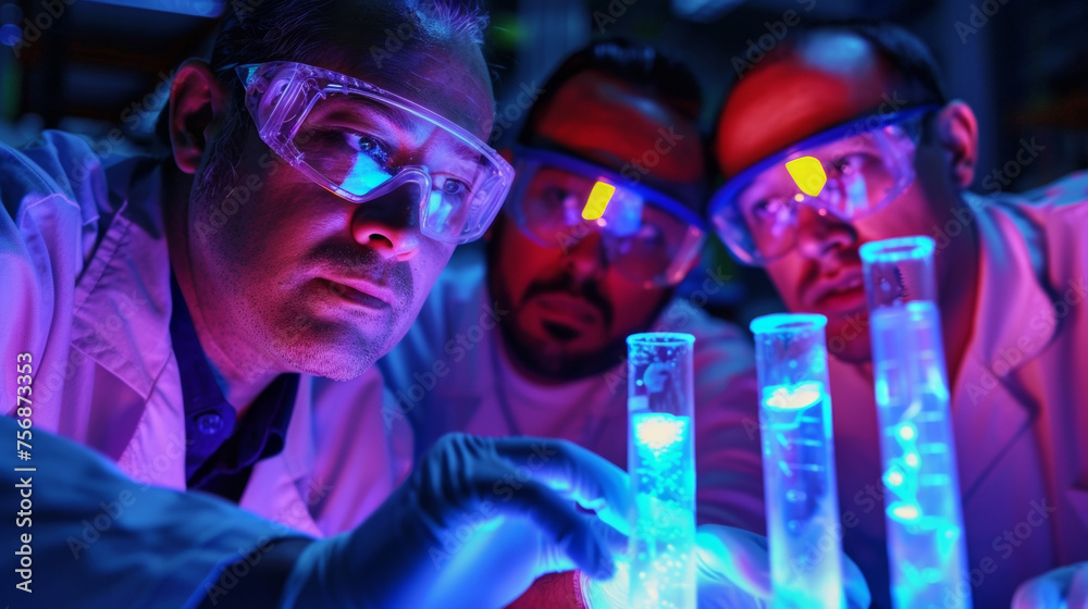 A group of scientists wearing lab coats and goggles intently observe a ...