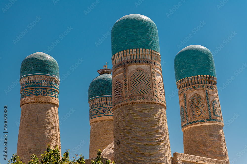 Chor Minor is historic gatehouse for now-destroyed madrasa, Bukhara, Uzbekistan