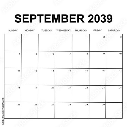 september 2039. monthly calendar design. week starts on sunday. printable, simple, and clean vector design isolated on white background.
