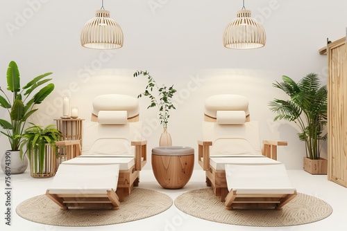 Serene reflexology room with comfortable recliners, soothing foot baths, and tranquil decor, offering reflexology treatments for relaxation and stress relief, on isolated white background, Generative  photo