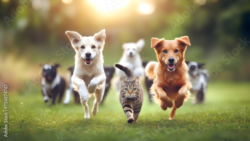 dogs and a cat running in the grass