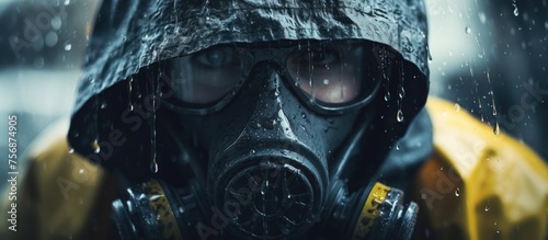 A close up shot of a figure in a gas mask and raincoat. The helmet and personal protective equipment create a science fiction look against the darkness, with an electric blue hue photo