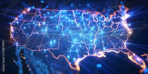 USA digital map symbolizing global connectivity data transfer cyber technology and information exchange. Concept Technology, Data Transfer, Cyber, Information Exchange, Global Connectivity