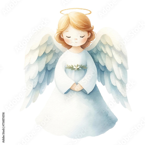 Angel with Wings Holding Flowers Watercolor
