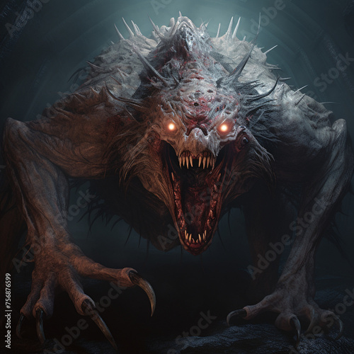 An humanoid monster with a prominent central fang, embodying an eerie yet intriguing presence. 