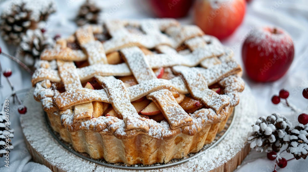 A closeup of a homemade apple pie with a lattice crust and a sprinkle of powdered sugar ready to be enjoyed on a snowy picnic.