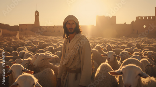 a cinematic scene of the muslim man leading sheeps to be shielding them photo